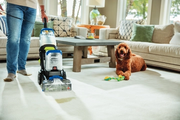 Using TurboClean Pet Duo Upright Carpet Cleaner to deep clean stain on carpet with dog nearby.