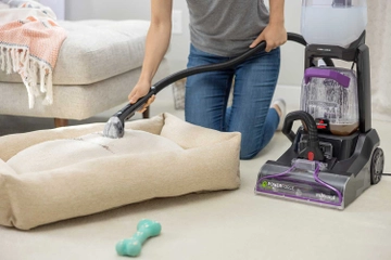 Using hose and tough stain tool to clean pet bed